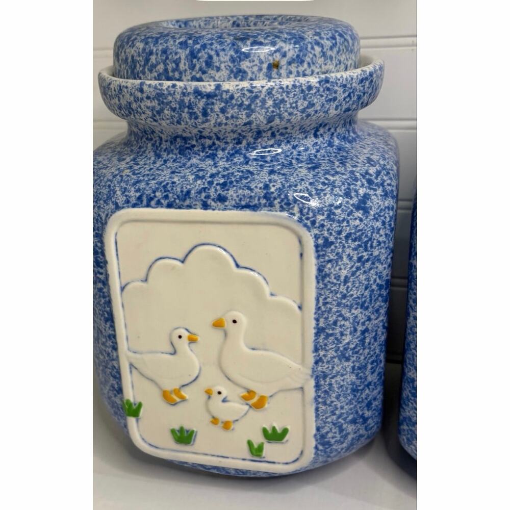 Pottery Craft Blue Sponge ware Four Piece Canister Set With Raised White Duck